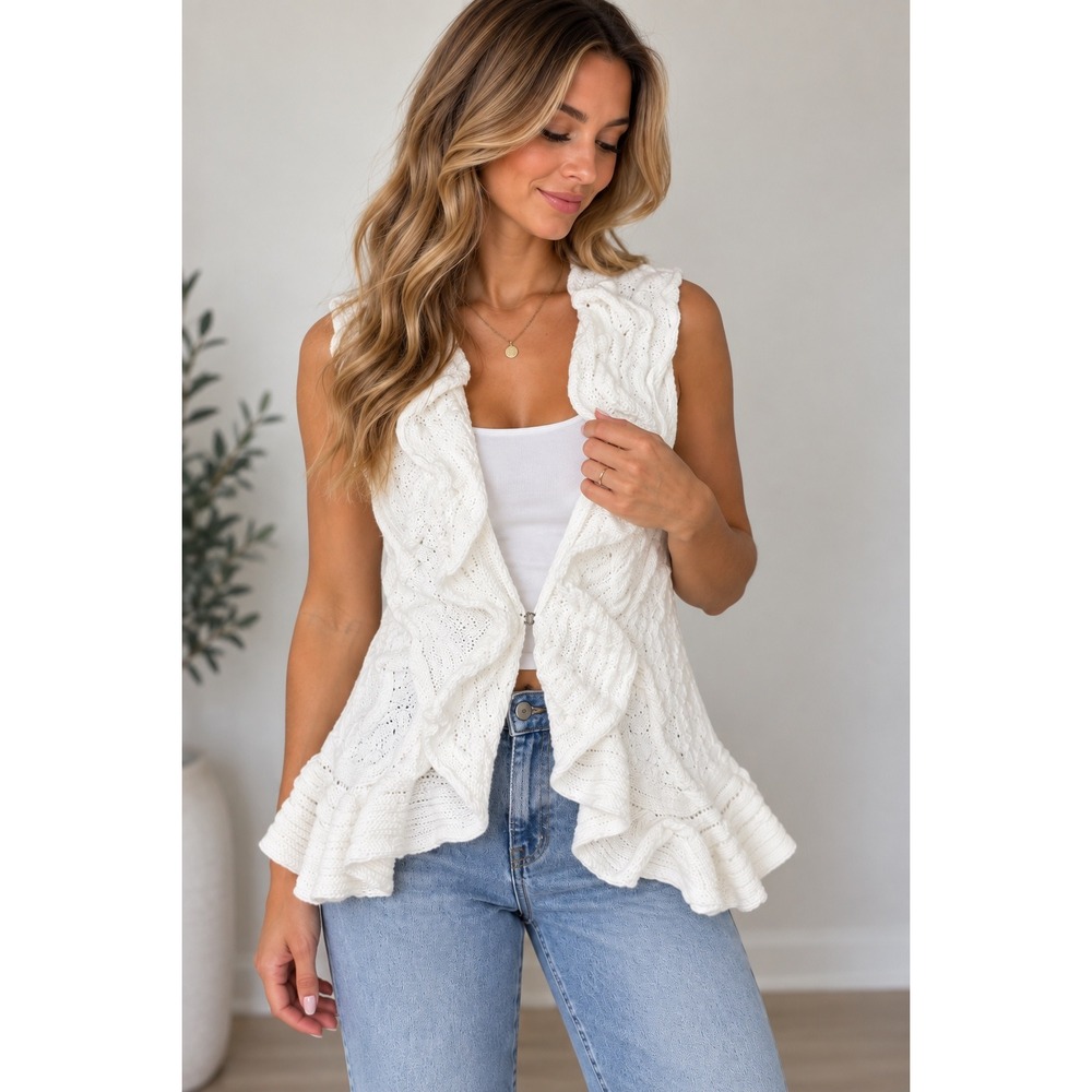 Pure Handknit Ruffle Vest Womens S/M White Good Cotton Cable Knit Pointelle